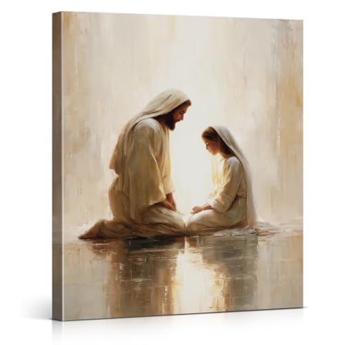 Christian Jesus Divine Prayer Wall Art Print - Jesus and Woman Canvas Picture Painting Religious Wall Decor for Home Farmhouse Prayer Room 8x10 Framed - color: color-I