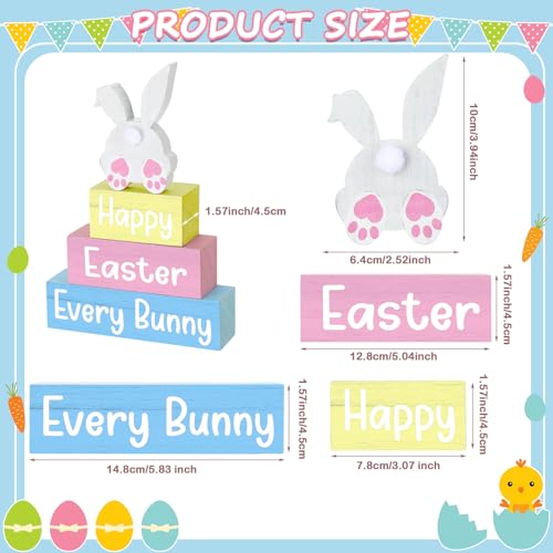 4 Pcs Easter Table Decoration Happy Easter Every Bunny Wooden Block Sign Pastel Bunny Centerpiece Spring Wood Blocks Tiered Tray Decor for Home Kitchen Tabletop Display - style: Bunny