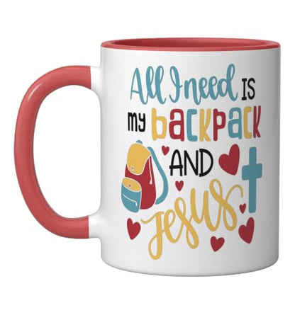 All I Need Is My Backpack and Jesus School Christian Kids Ceramic Mug, Red/White - color: Red/White, size: 11 Ounces