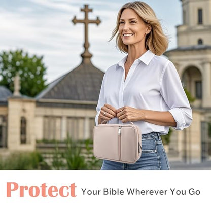 Small Bible Cover Case for Women and Men, 9x6 PU Leather Bible Sleeve, Compact Travel Bible Carrier Bag with Front Pen Holders, Zipper Closure, Inner Pockets - Beige - color: Beige, size: 9''x6.5''