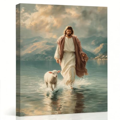 RTVJTERQ Christian Canvas Wall Art, Jesus Walks On Water With Lamb Scene, Christian Faith Wall Decor for Living Room Bedroom Church Ready To Hang 8x10 Inch - color: Patriotic 03