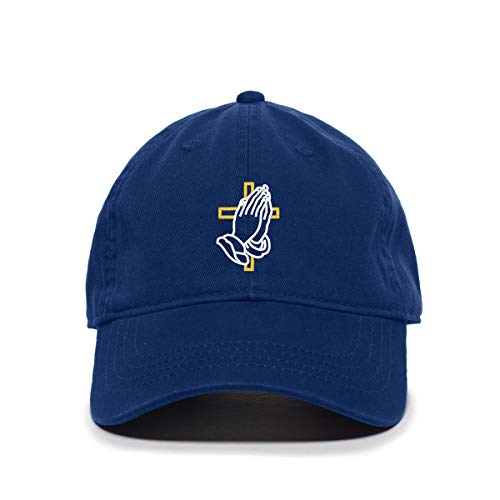 Praying Hands with Cross Baseball Cap Embroidered Cotton Adjustable Dad Hat - color: Royal Blue