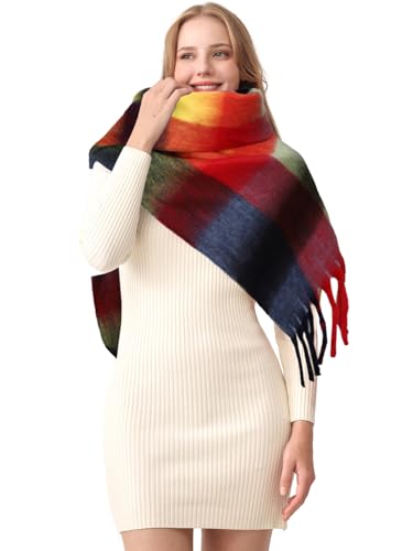 HOTIAN Women's Large Scarf Colorful Chunky Plaid Scarves Soft Winter Thick Tassel Warm Wrap Shawl - color: Deep Blue Red