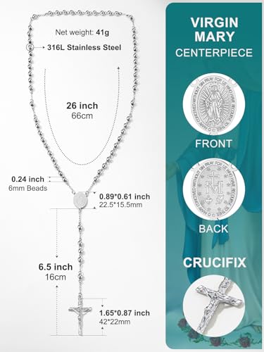Supcare Rosary for Men Women Catholic Necklace Rosary Beads Customized - color: B01-Virgin Mary Silver with Case