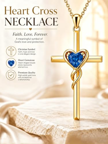 Birthstone Cross Necklace for Women 14K Gold Plated Heart Infinity Cross Pendant Necklace Christian Religious Jewelry Anniversary Birthday Gifts for Wife Mom Her - color: Sept/Sapphire