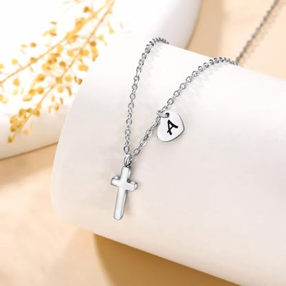 Tiny Cross Necklace for Kids Girls, Initial A-Z , Birthstone Cross Gifts - color: Silver, style: H
