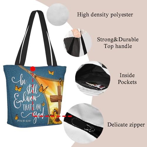 Women's Canvas Tote Bag with Zipper, Large Capacity Shoulder Bag for Work, Travel & Daily Use, Gifts for Mom - color: Be Still and Know That I Am God
