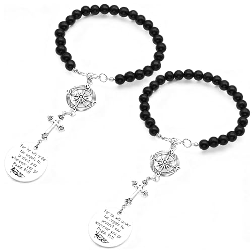 2 Pcs Cross Car Charm, Christian Mirror Hanger Car Accessories with Psalm 91:11 Bible Verse, Rearview Mirror Charm and Ornament for Religious Giving Angel Protection Design