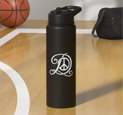 fancy Italic script Initial Letter D minimalist peace sign Stainless Steel Insulated Water Bottle - color: Black