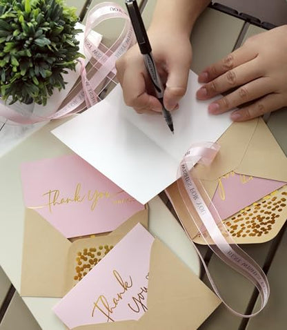 Winoo Design 100 PK Pink and Gold Thank You Cards with Envelopes Bulk - 5 x 3.5 Inches Personalized Thank You Notes for Baby Shower Wedding Small Business Graduation Funeral Birthday - color: PINK