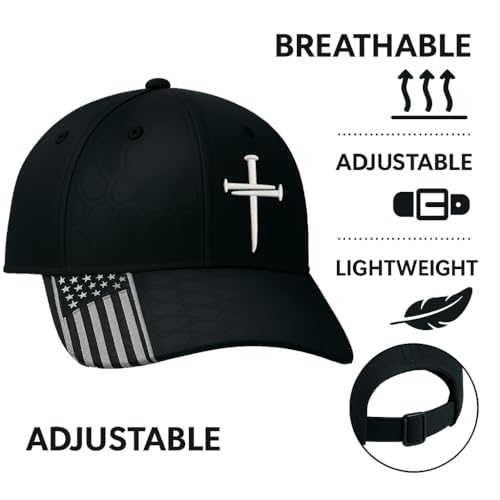 Christian Hats for Men, Three Nails Cross Embroidered Faith Baseball Cap - color: Black