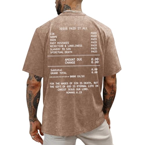 Christian Faith God Shirts for Men Jesus Bible Verse Acid Wash Shirt Oversized Religious Tshirts Vintage Graphic Tees - color: Coffee, size: X-Large
