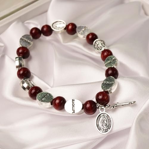 Needzo Our Lady of Guadalupe Rosary Bracelet, Red Wood Beads with Metal Crucifix, Catholic Jewelry, 7.5 Inches