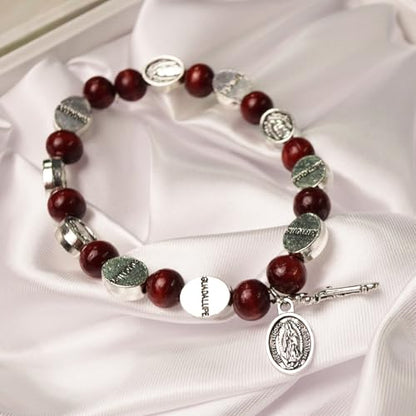 Needzo Our Lady of Guadalupe Rosary Bracelet, Red Wood Beads with Metal Crucifix, Catholic Jewelry, 7.5 Inches