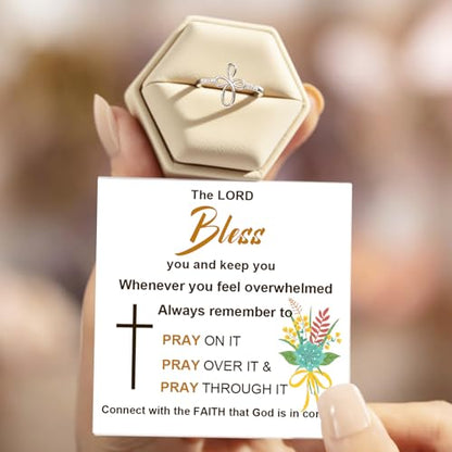 Sterling Silver Cross Ring for Women S925 Adjustable Ring Christian Pray Cross Thumb Rings With Inspirational Card Easter Gift, Confirmation Gifts,Baptism Gifts