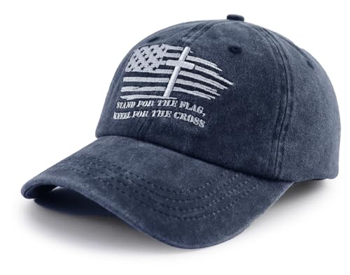 Christian Jesus Cross Hats for Men, Stand for The Flag Kneel for The Cross Baseball Cap - color: Navy