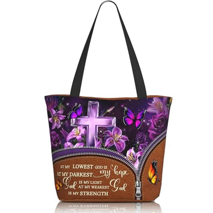 Tote Bag For Women, Tote Bag With Zipper Large Shoulder Bag For Women Travel, Work, Office, College, Nursing - color: Bible Cross