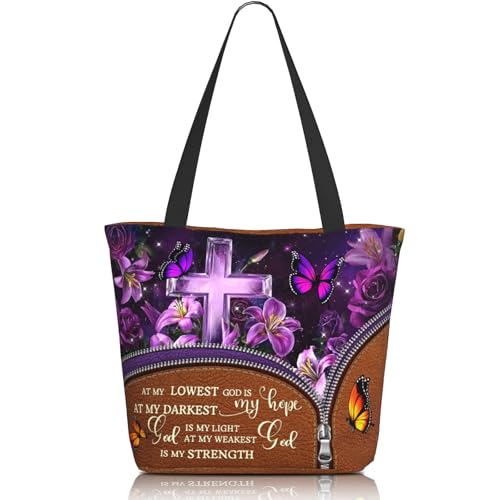 Tote Bag For Women, Tote Bag With Zipper Large Shoulder Bag For Women Travel, Work, Office, College, Nursing - color: Bible Cross
