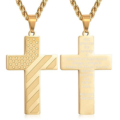 DuoDiner 18+2" Cross Necklace for Men Boys Christian Confirmation Gifts - color: Gold, style: Serenity Prayer