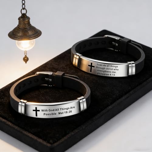 2Pcs Inspirational Quote Cross Bracelets Faith Christian Bible Verse Silicone ID Wristband Religious Bracelet Set Gift for Men Women - style: BR014/015