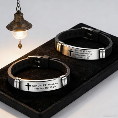2Pcs Inspirational Quote Cross Bracelets Faith Christian Bible Verse Silicone ID Wristband Religious Bracelet Set Gift for Men Women - style: BR014/015