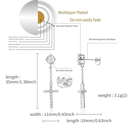 JINAO Cross Hoop Dangle Earrings for Men Women - color: Stud Cross Chain-Silver