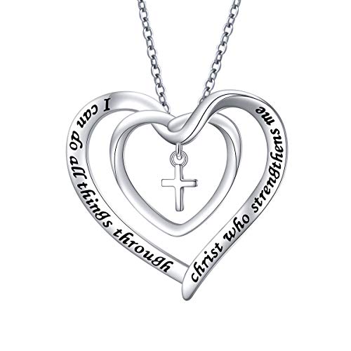 S925 Sterling Silver Christian Cross Heart Faith Bible Verse Necklace Rings - style: I can do all things through christ who strengthens me