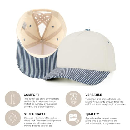 C.C Women's Criss-Cross Ponytail Trucker Hat - Snapback, One Size - color: Pinstripe-denim1