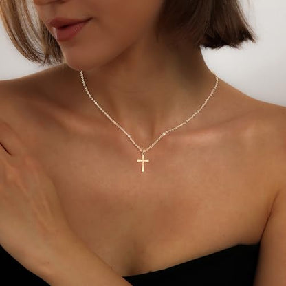 Cross Necklace for Women, Dainty 14K Gold Plated CZ Pendant - color: Gold-dainty plain cross
