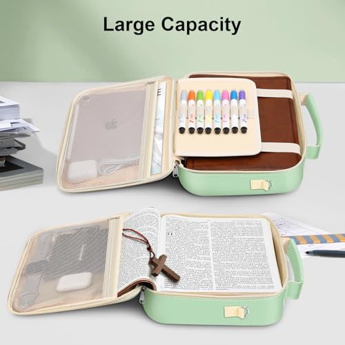 FINPAC Bible Cover with Shoulder Strap, Church Book Carrying Bible Case Bag - color: Letter Green