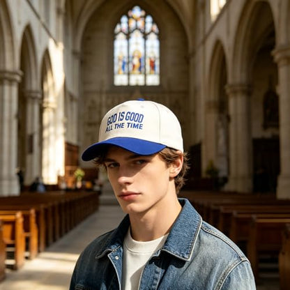 Embroidered Christian Two-Tone Baseball Cap for Men & Women, Adjustable Dad Hat Christmas Easter Gift - color: God is Good All the Time, Navy Blue/Beige