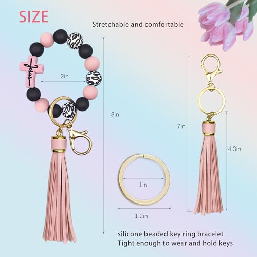 SHINYHARBOR Silicone Beaded Wristlet Keychain Bracelet,Key Wrist Keychains for Women Mom Teachers Best Friend - color: Cross-pink