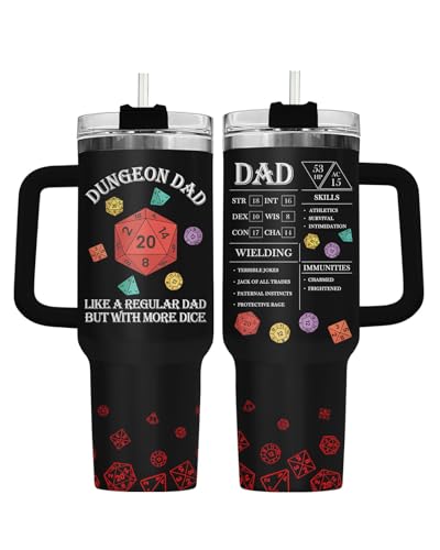 34HD Dad Dungeon Daddy DND 40 oz Tumbler with Handle, Funny Dad Gift - color: Dungeon Dice Daddy