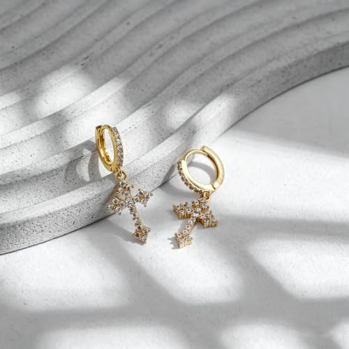 NEWITIN CZ Cross Earrings for Men Women 14K Gold Plated Huggie Hoop Earring - color: Gold A