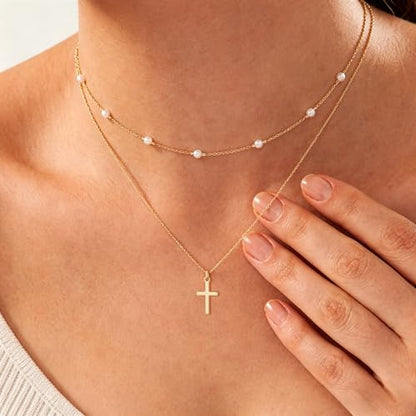 Turandoss Layered Cross Necklaces Stack for Women Girls, Christian Gift - color: Cross-Pearl