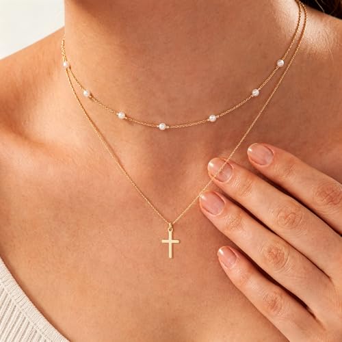 Turandoss Layered Cross Necklaces Stack for Women Girls, Christian Gift - color: Cross-Pearl