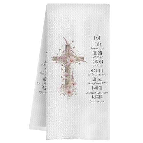 Floral Cross Christian Kitchen Towels, Christian Gifts for Women Dish Tea Towels, Inspirational I Am Loved Bible Verse Decorative Hand Towel for Kitchen Bathroom, 16x24 Inch - color: Floral