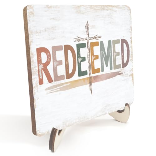 Christian Gifts Desk Decor, Rustic Wood Sign, Boho Faith Religious Bible Verse Quotes Decorative Desk Accessories for Home House Decor Office Accessories Cute Bohemian Table Shelf Wooden Sign - color: Redeemed