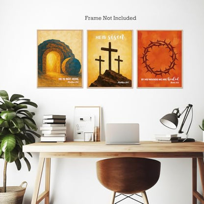 Set of 3 Poster Bible Verse Wall Art,Matthew 28:6 Christian Wall Decor - color: He is not Here He is Risen
