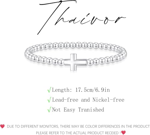 Beaded Bracelets for Women 14K Silver Gold Plated Stretch Handmade Ball Bracelets Cute Charm Bracelet Dainty Stackable Cross Heart Bow Wave CZ Circle Trendy Jewelry Easter Gifts - color: Silver-2