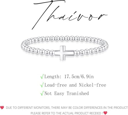 Beaded Bracelets for Women 14K Silver Gold Plated Stretch Handmade Ball Bracelets Cute Charm Bracelet Dainty Stackable Cross Heart Bow Wave CZ Circle Trendy Jewelry Easter Gifts - color: Silver-2