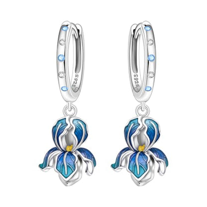 925 Sterling Silver Drop & Dangle Earrings for Women,Butterfly Dragonfly and Bee|Flower and leaf Earrings, Suitable for Sensitive Ears Fashion Jewelry Gift- Hypoallergenic Earrings - color: Blue Iris