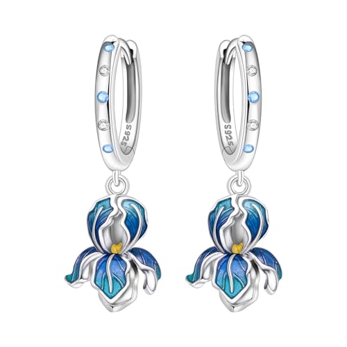 925 Sterling Silver Drop & Dangle Earrings for Women,Butterfly Dragonfly and Bee|Flower and leaf Earrings, Suitable for Sensitive Ears Fashion Jewelry Gift- Hypoallergenic Earrings - color: Blue Iris