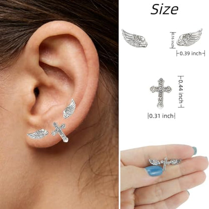 Sterling Silver Angel Wing & Cross Stud Earrings Set - Sparkly Rhinestone Helix Piercing Jewelry, Gothic Punk Cartilage Studs for Women Men Daily Wear