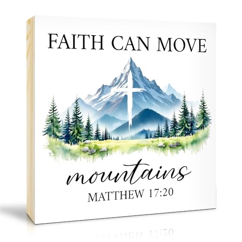 TOUNER Faith Can Move Mountains Wood Box Sign, Inspirational Matthew 17:20 Bible Verse Wood Desk Decor, Christmas Birthday Thanksgiving Religious Faith Table Display Gifts for Grandma Mom Aunt BFF - color: multicolored022