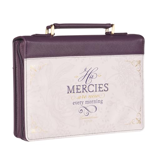 Christian Art Gifts Dark Purple Fashion Bible Cover for Women: Mercies are New - Lam. 3:22-23 Inspirational Scripture, Vegan Leather Book Carry Case w/Sleeves, Zipper, Pocket & Pen Storage, Large - color: Purple/Mercies Are New, size: Large