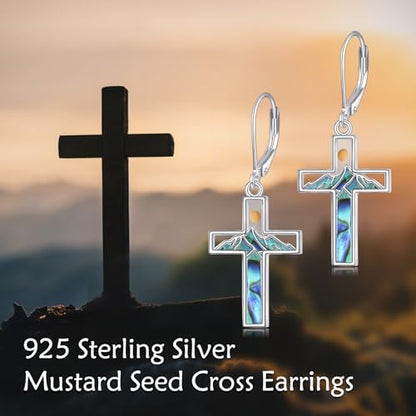 AOBOCO Mustard Seed Earrings for Women Sterling Silver Mountain Cross Earrings Dangle Christian Religion Jewelry Mothers Day Birthday for Mom Wife Friends - style: Mustard Seed Cross
