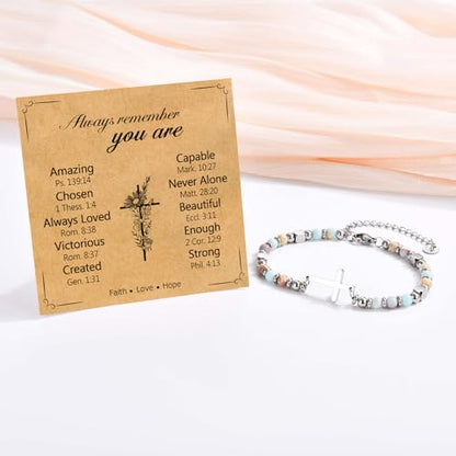 Christian Cross Bracelet for Women Girls, Adjustable Stainless Steel Beaded Cross Bracelets, First Communion Confirmation Easter Religious Bapstim Natural Gemstone Jesus Bracelet Gifts for Her - style: You Are Amazing