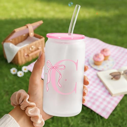 SANDJEST Monogrammed Glass Drinking Can Cup with Acrylic Lid and Straw, Personalized Frosted Iced Coffee Tumbler 16oz, Monogram Initial Gifts for Women Girls on Birthday (C) - color: C