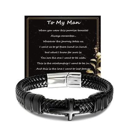 Black Leather Cross Bracelet for Men, Braided, Stainless Steel, 7.9in
